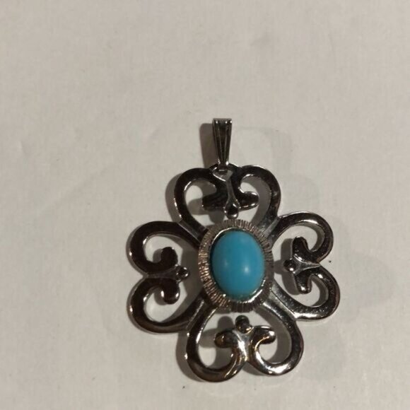 Silver Tone Clover Pendant Turquoise Colored Cabochon Statement Jewelry - Picture 2 of 5